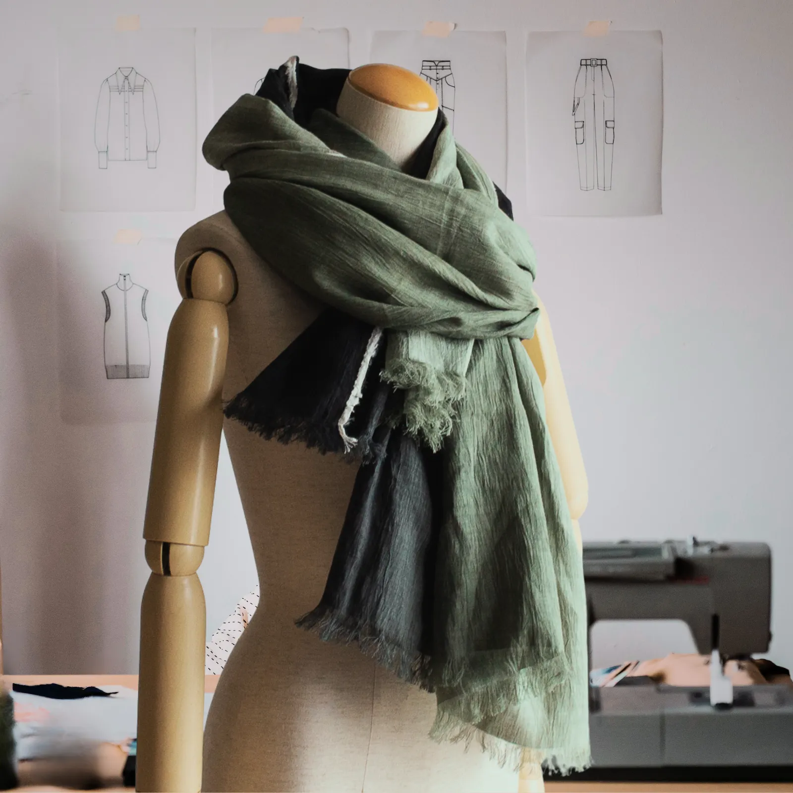 Gradation linen P-sling repurposed as a scarf, showcasing its lifelong beauty.